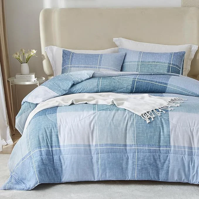 Next-Generation mixinni King Comforter Set 3 Piece Modern Buffalo Checkered Lightweight Comforter Geometric Plaid Pattern Blue Bedding Set for Women and Men-King Size Efficient