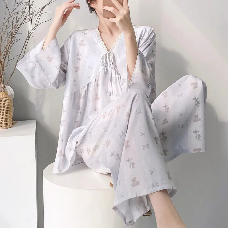 Top-Quality Ownkoti Floral amp Bow V-Neck Lace Trim Pajama Set Clean
