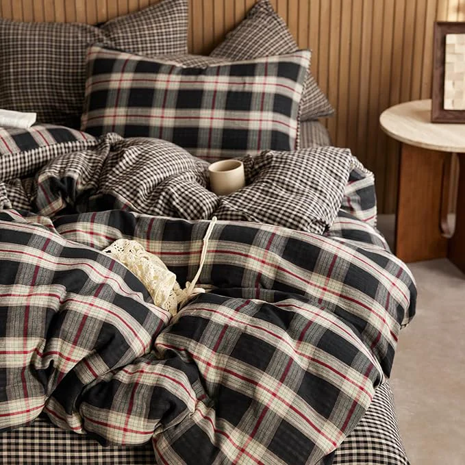 Recyclable EAVD Vintage Style Red amp Black Plaid Duvet Cover Full Soft Cotton Muslin Retro Red Green Black Grid Checkered Bedding Set with 2 Pillowcases Reversible Gingham Duvet Cover with Zipper Closure First-Class