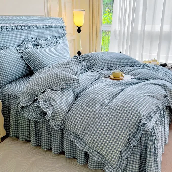 Certified mixinni Vintage Blue Gingham Ruffle Comforter Set 3-Piece Washed Cotton Queen Size Grid Bedding Set with Geometric Checkered Pattern Farmhouse Chic Soft Fluffy Comforter for All-Season Prestigious