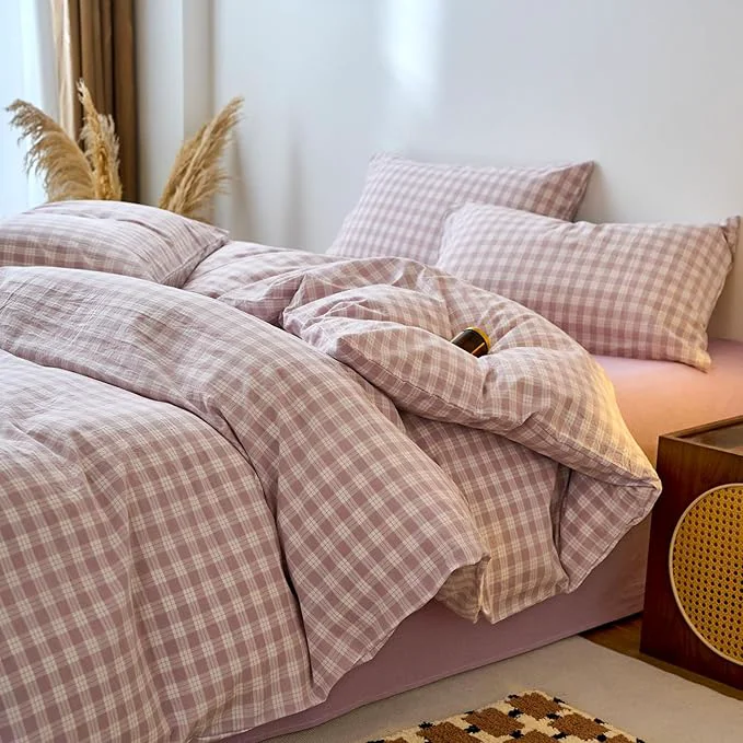 Fine Crafted EAVD Vintage Style Gingham Duvet Cover King Purple White Soft Washed Cotton Chic Grid Checkered Bedding Set with 2 Pillowcases Farmhouse Purple Plaid Duvet Cover with Zipper Closure Selected
