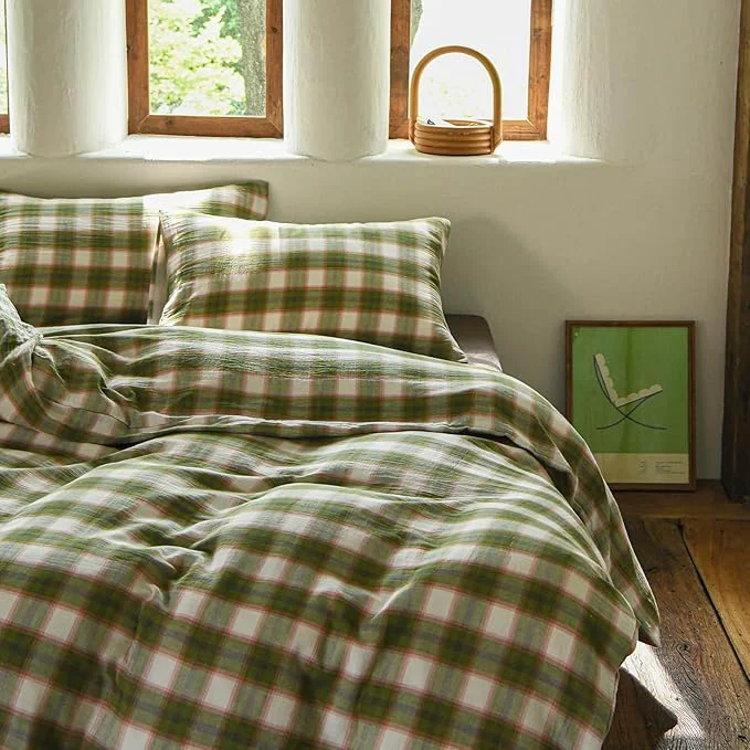 Dependable EAVD Vintage Style Gingham Duvet Cover Full Soft Muslin Cotton Yarn-Dyed Textured Chic Pink amp Green Grid Plaid Bedding Set with 2 Pillowcases British-Style Plaid Duvet Cover with Zipper High-Performance