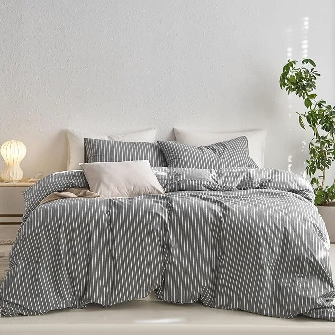 Outstanding MooMee Striped Duvet Cover Set Washed Cotton Linen Like Textured Breathable Durable Soft Comfy Dark Grey White Wide Stripes Cal King 104 quot x98 quot Fast