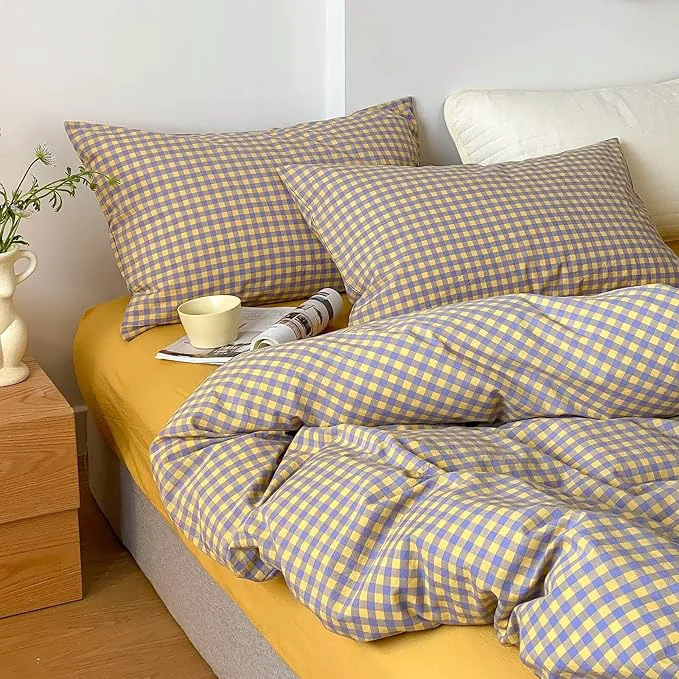 Top-Quality mixinni Yellow Purple Gingham Comforter Set King Plaid Comforter Set 3 Pieces 1 Vintage Grid Comfoter with 2 Pillow Cases for All Seasons Soft Fluffy Modern Grid Pattern Printed Bedding-King Size Powerful