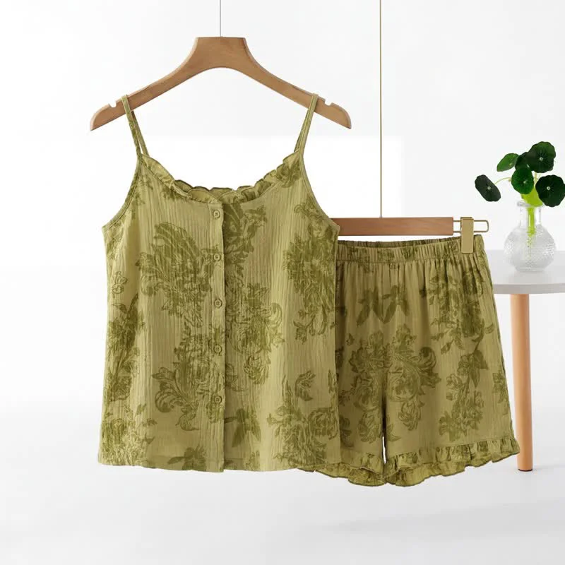 Original Design Ownkoti Vintage Green Leaf Sleeveless Pajama Set Detailed