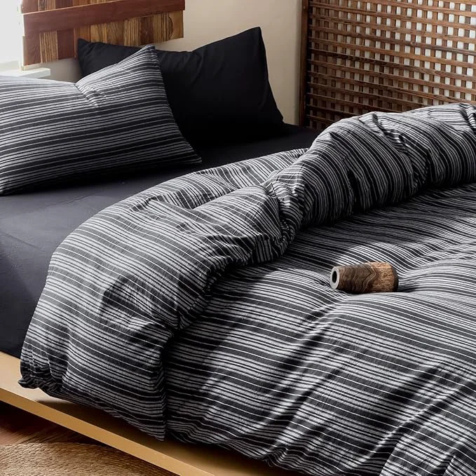 Dependable EAVD Retro Black Striped Duvet Cover Full Soft Washed Cotton Reversible Striped Pattern Bedding Set with 2 Pillowcases Farmhouse Geometric Duvet Cover with Zipper Closure Optimized