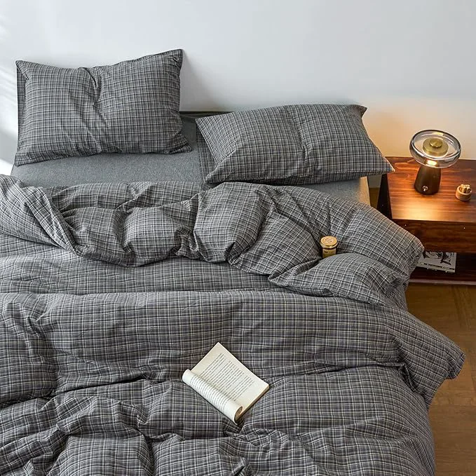 Top-Quality EAVD Vintage Style Grey Plaid Gingham Duvet Cover King Washed Cotton Like Linen Feel Soft Grid Plaid Bedding Set with 2 Pillowcases Farmhouse Grid Geometric Pattern Duvet Cover with Zipper Superior