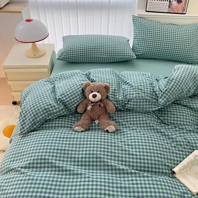 Breathable mixinni Dark Green Gingham Comforter Set Full Plaid Comforter Set 3 Pieces 1 Teal Grid Comfoter with 2 Pillow Cases for All Seasons Soft Fluffy Modern Grid Pattern Printed Bedding-Full Size Excellent