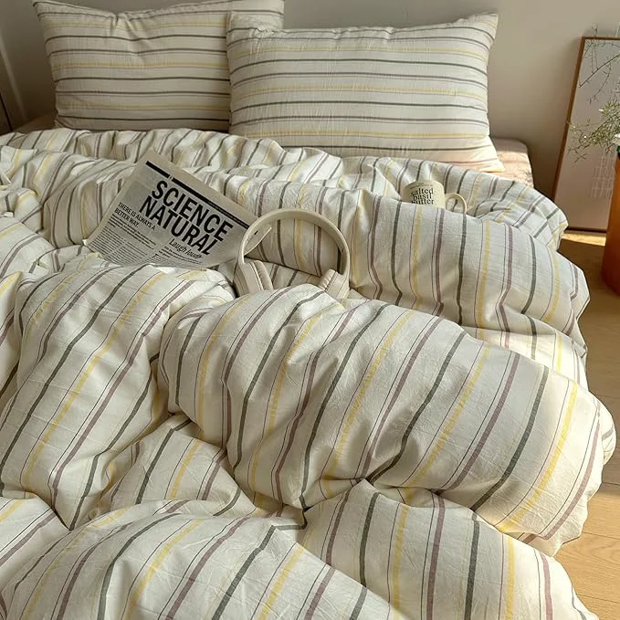 User-Friendly EAVD Retro Striped Duvet Cover Set Full Size Cotton Chic Stripes Printed Bedding Set with 2 Pillowcases Vintage Geometric Pattern Duvet Cover with Zipper Closure Yellow amp Green amp Brown Queen Reliable