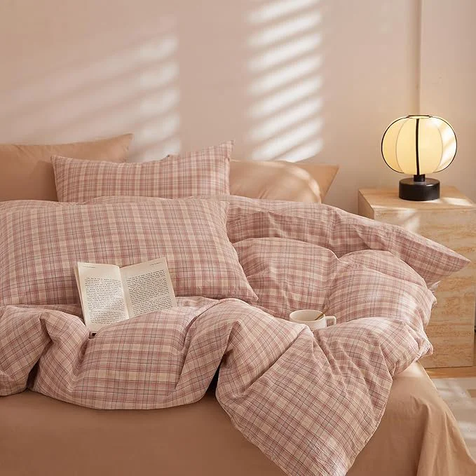 Detailed EAVD Pink Gingham Duvet Cover Twin Soft Washed Cotton Reversible Grid Plaid Bedding Set with 2 Pillowcases Modern Checkered Grid Duvet Cover with Zipper Farmhouse Gingham Bedding Set for All-Season Long-Lasting