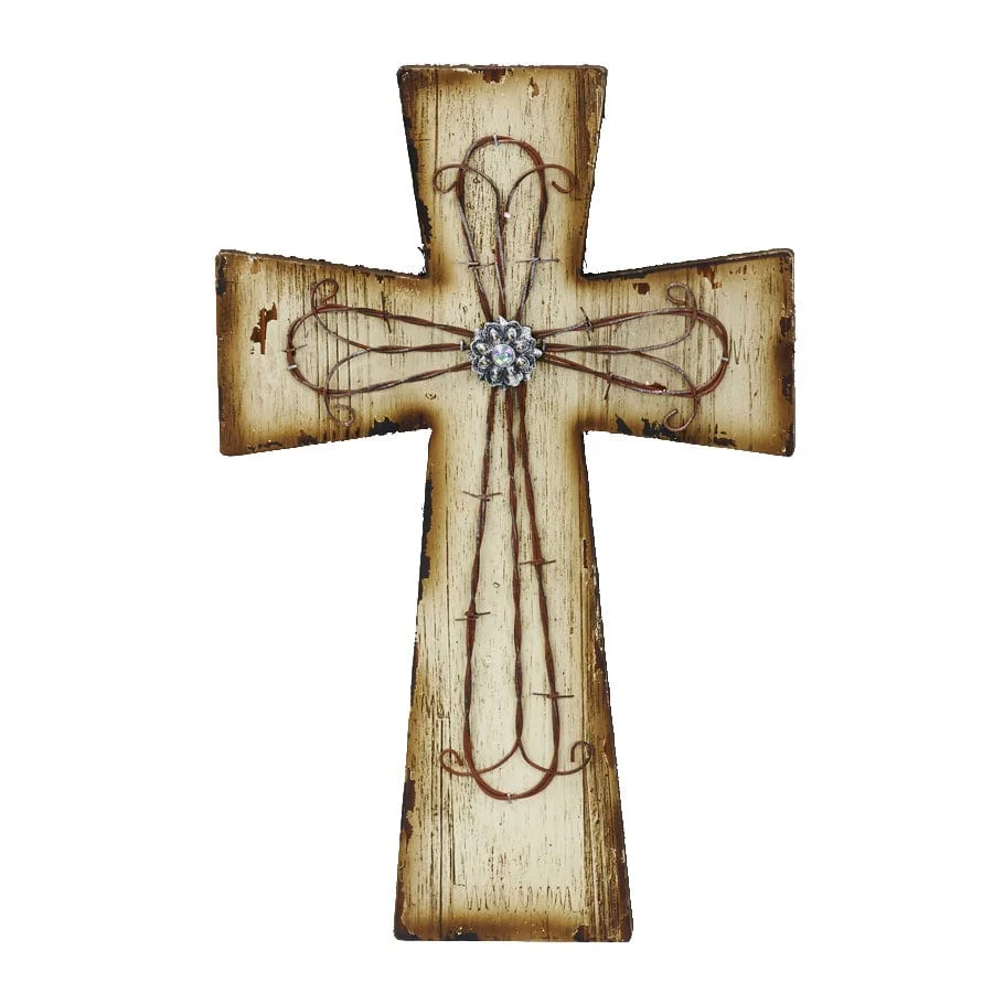 Sustainable Cream Distressed Wood amp Barbwire Cross Wall Décor Reusable