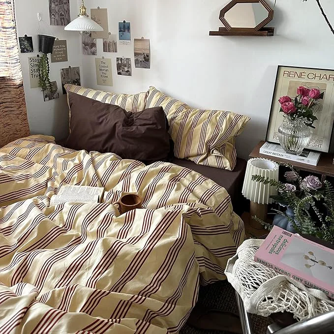 Convenient mixinni Vintage Striped Comforter Set Queen Size – Soft Cotton 3-Piece Boho Bedding Set 1 Comforter 2 Pillowcases Rustic Red-Brown Geometric Stripes Ultra-Soft amp Breathable for All Seasons Comfortable
