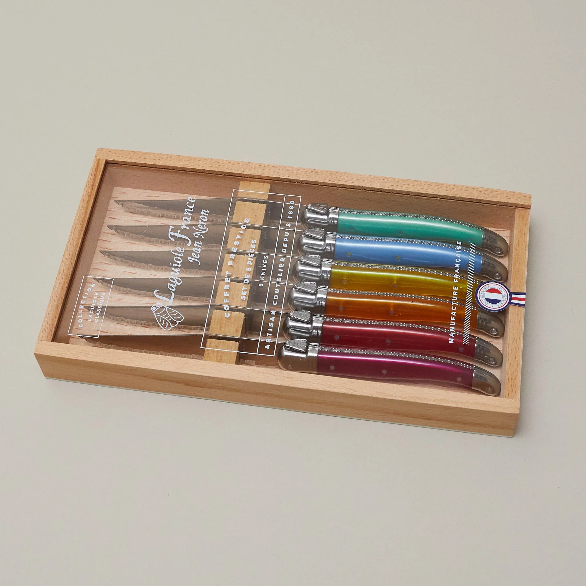 Natural Laguiole 6 Piece Steak Knife Set Platine Rainbow in Wood Box with Acrylic Lid Top-Quality