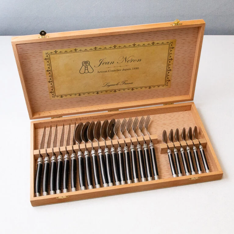 Flexible Laguiole 24 Piece Flatware Set Platine Black in Wood Presentation Box High-End