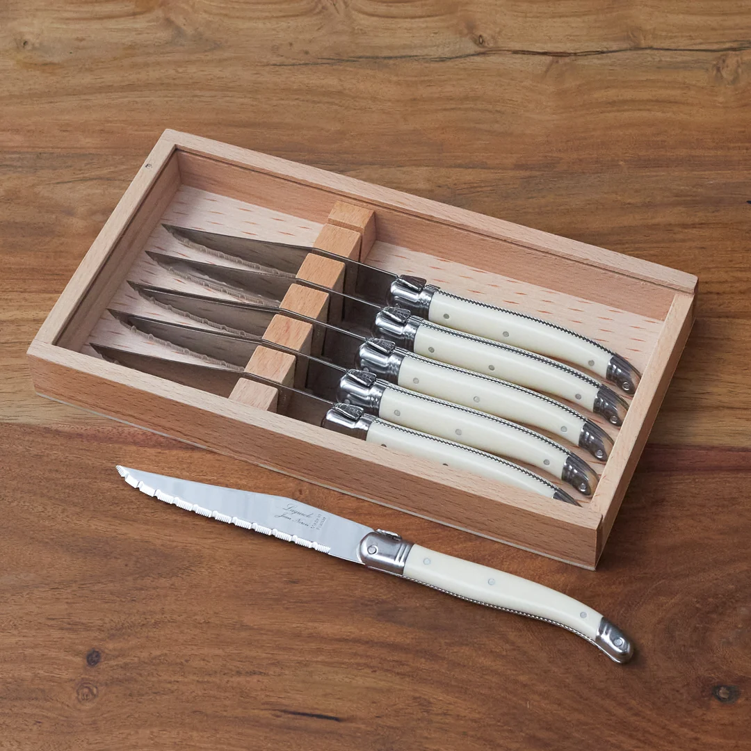 Professional Laguiole 6 Piece Steak Knife Set Platine Ivory in Wood Box with Acrylic Lid Solid
