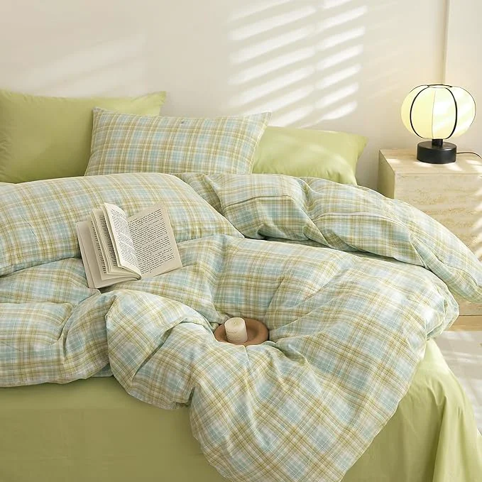 Sustainable EAVD Gingham Duvet Cover Queen Multicolor Soft Washed Cotton Reversible Grid Plaid Duvet Cover Set with 2 Pillowcases Modern Farmhouse Gingham Bedding Set with Zipper Closure Safe