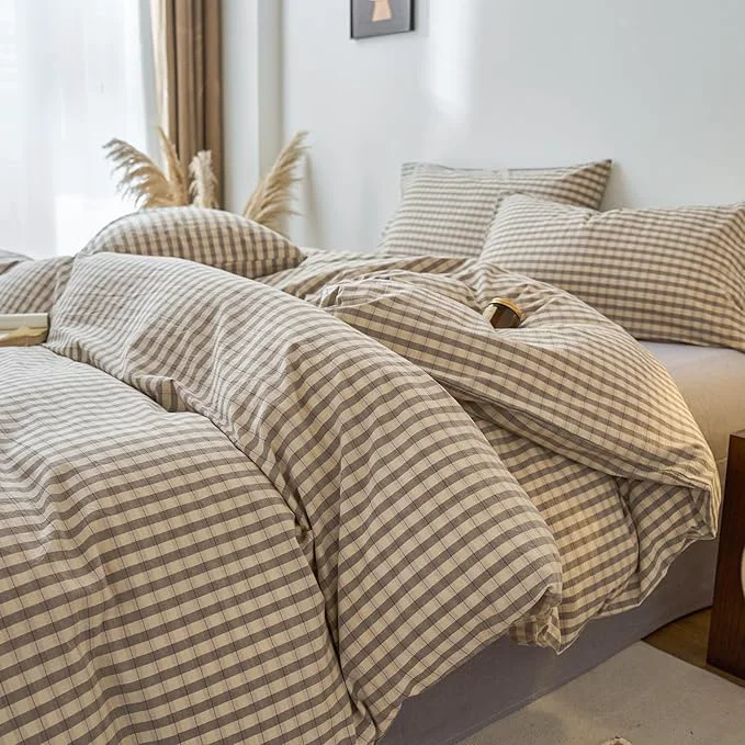 Contemporary EAVD Vintage Style Grey Plaid Duvet Cover Queen Soft Washed Cotton Chic Grey Checkered Gingham Bedding Set with 2 Pillowcases Farmhouse Gingham Duvet Cover with Zipper Closure Excellent