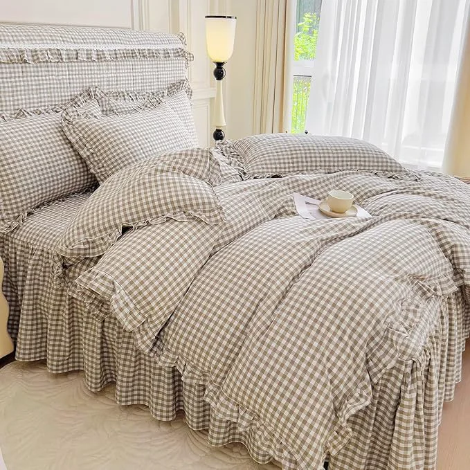 Responsible mixinni Vintage Ruffle Tan Gingham Comforter Set 3-Piece Washed Cotton Twin XL Beige Grid Bedding Set with Taupe Geometric Checkered Pattern Farmhouse Chic Soft Fluffy Comforter for All-Season Reusable