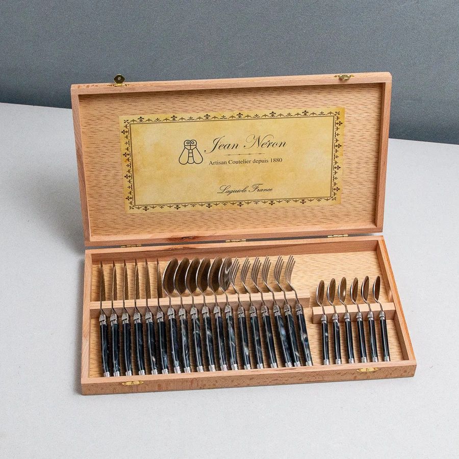 Superior Laguiole 24 Piece Flatware Set Black Marble in Wood Presentation Box Proven