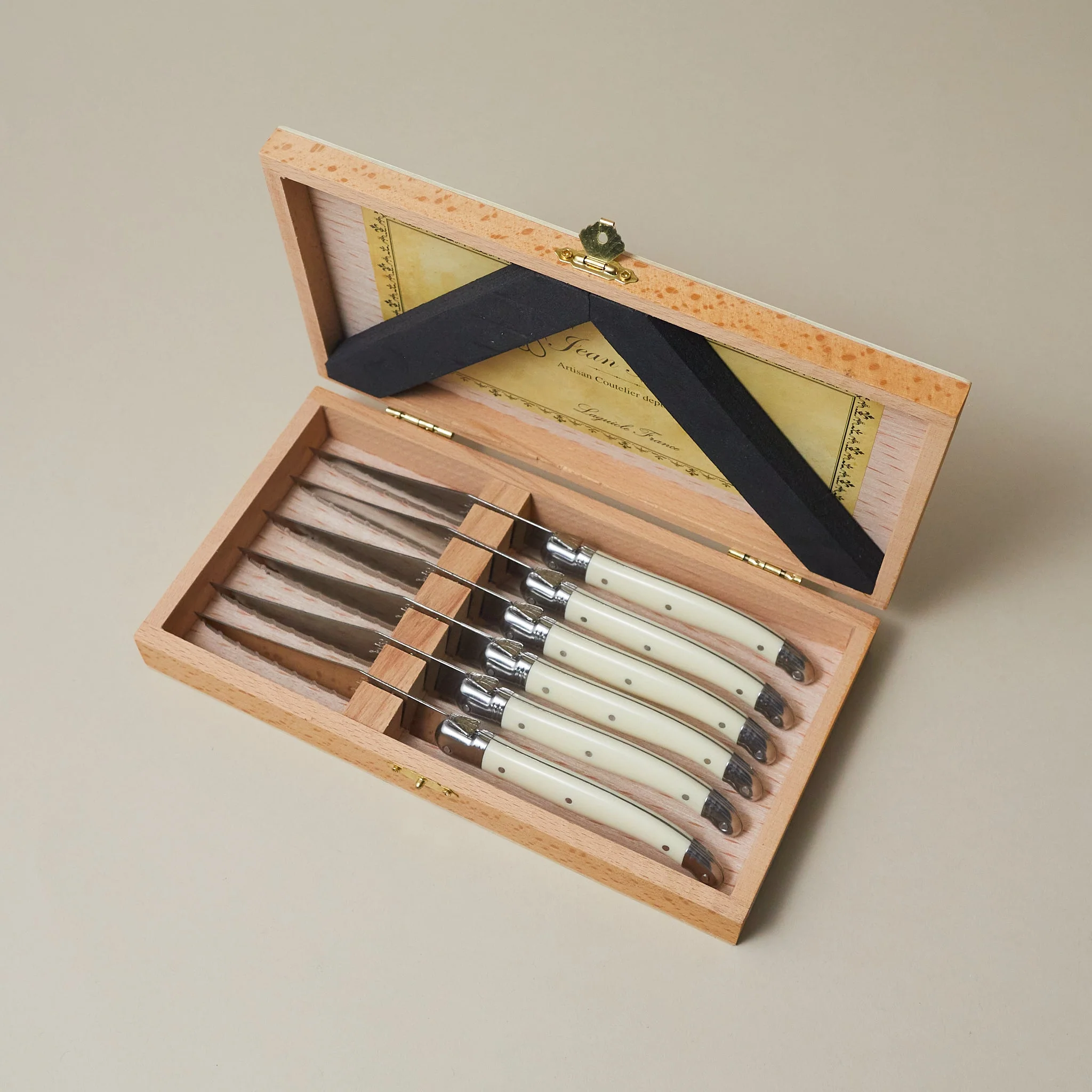 Stylish Laguiole 6 Piece Steak Knife Set Ivory in Wood Presentation Box Organic