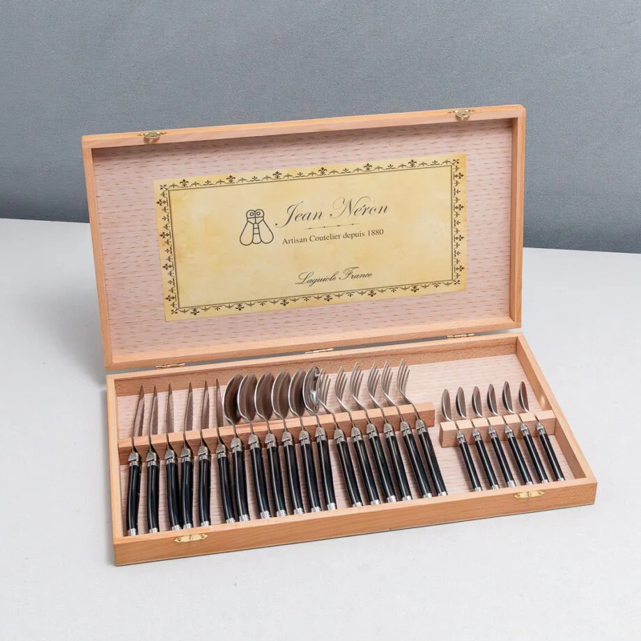 Traditional Laguiole 24 Piece Flatware Set Black in Wood Presentation Box Refined