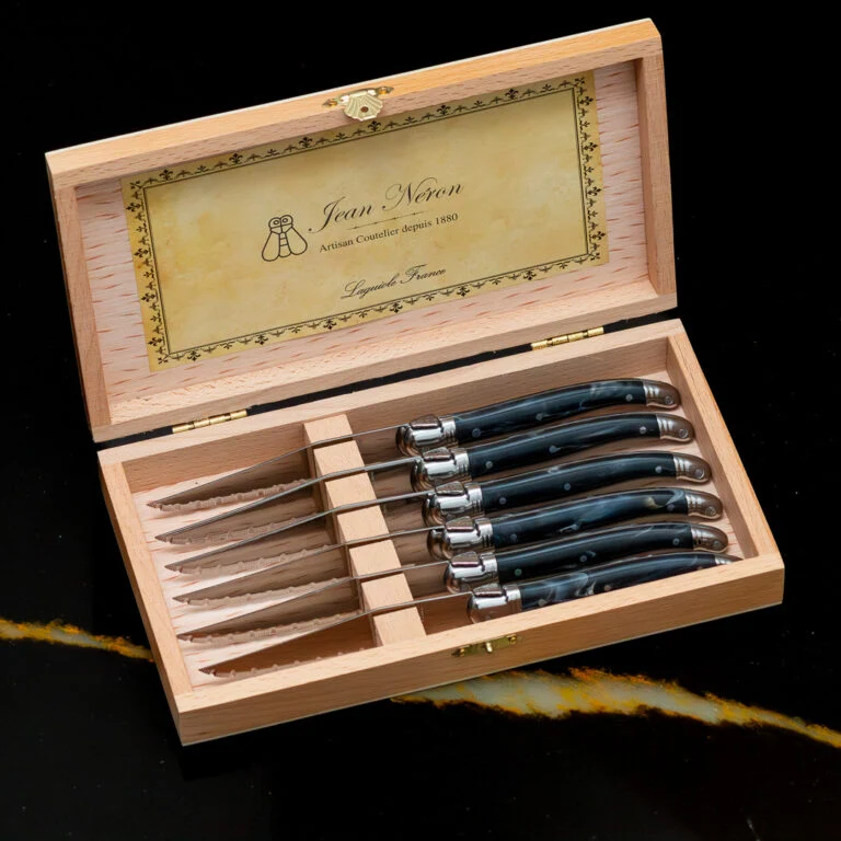 Crafted Laguiole 6 Piece Steak Knife Set Black Marble in Wood Presentation Box Original Design