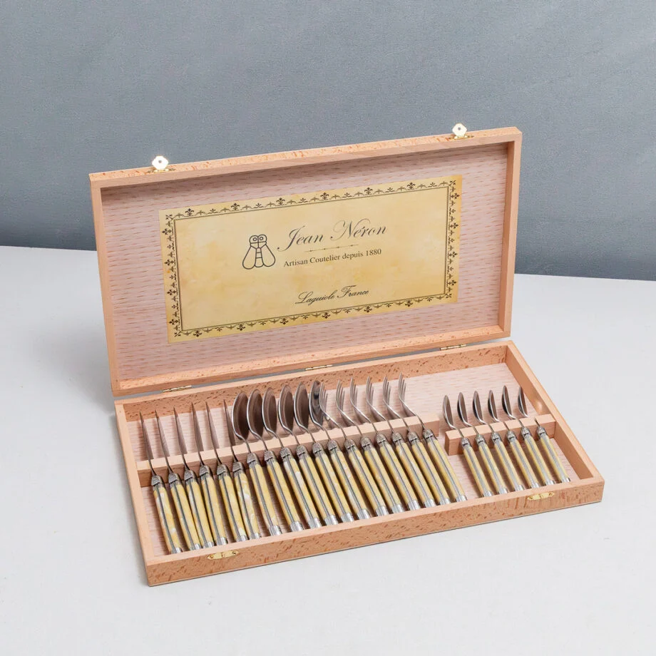 Clean Laguiole 24 Piece Flatware Set Pale Horn in Wood Presentation Box Fashionable