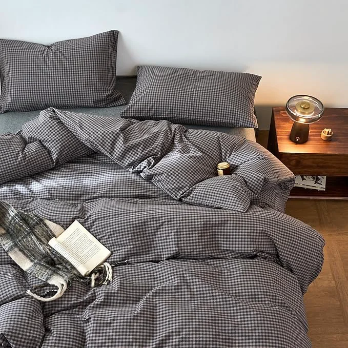 Smooth EAVD Vintage Style Dark Grey Plaid Duvet Cover Queen Washed Cotton Like Linen Feel Soft Red Grid Gingham Bedding Set with 2 Pillowcases Reversible Retro Dark Grey Gingham Duvet Cover with Zipper High-Grade