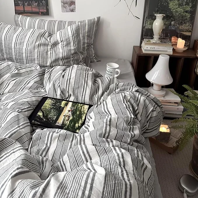 Premium Material mixinni Vintage Grey amp White Striped Comforter Set Twin XL Size – Soft Washed Cotton 3-Piece Neutral Bedding Set Retro Geometric Pattern All-Season Breathable amp Fluffy for Men Boys High-Quality