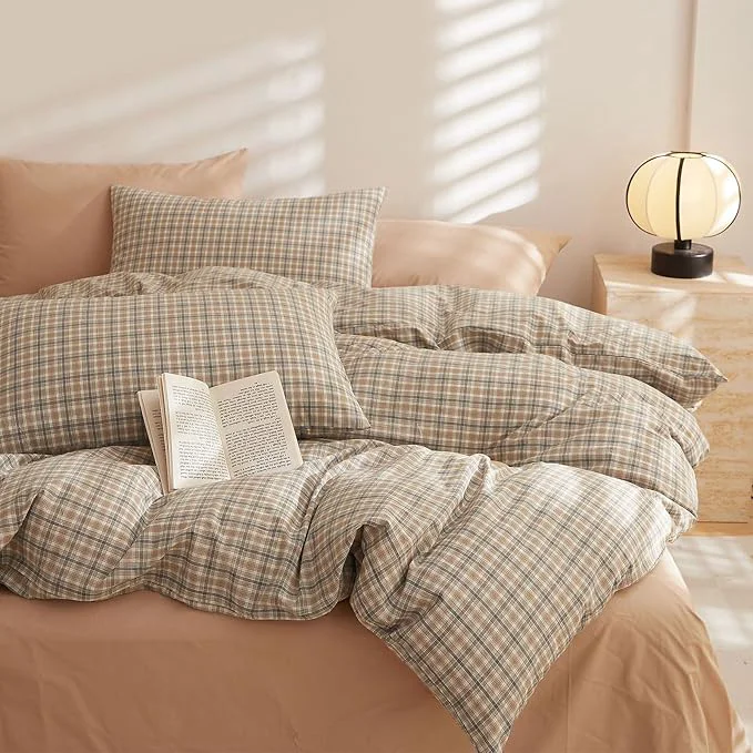 World-Class EAVD Retro Grid Plaid Gingham Duvet Cover Full Soft Washed Cotton Like Linen Feel Soft 3-Piece Khaki Brown Grid Checkered Bedding Set Vintage Plaid Duvet Cover with Zipper Closure Trusted