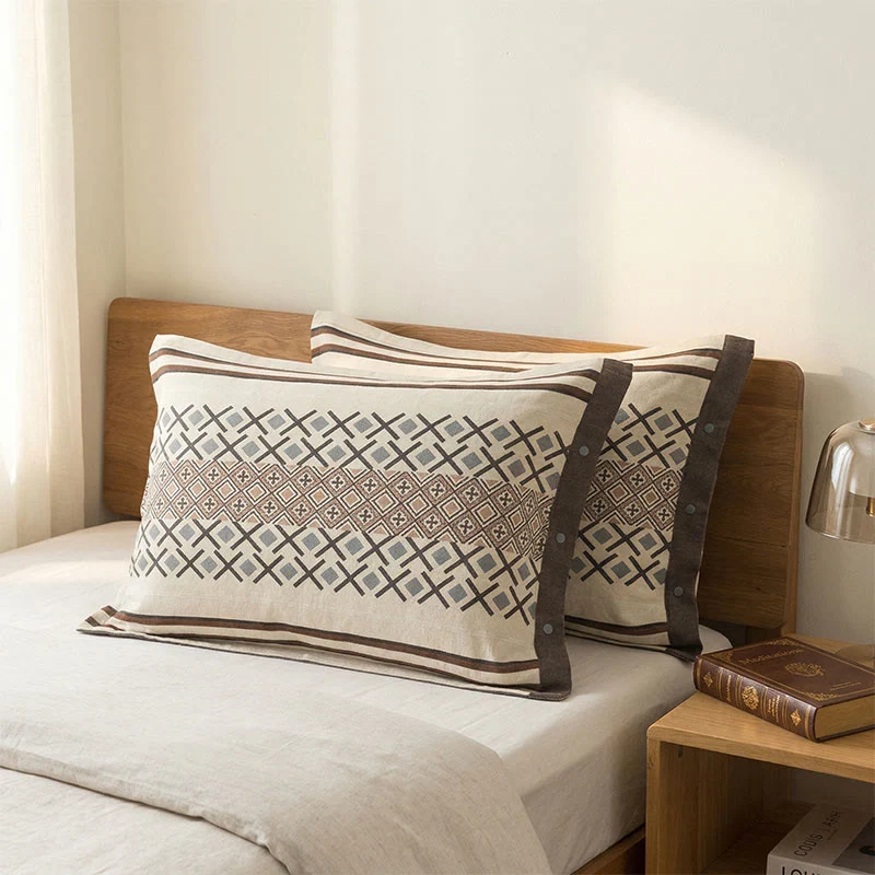 High-Grade Ownkoti Geometric Cotton Gauze Button Pillowcases 2PCS Stylish