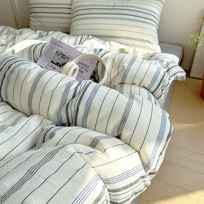 Authentic EAVD Vintage Blue Grey and White Striped Duvet Cover Full Soft Cotton Chic Stripes Bedding Set with 2 Pillowcases Retro Geometric Duvet Cover with Zipper Closure Corner Ties Fashionable