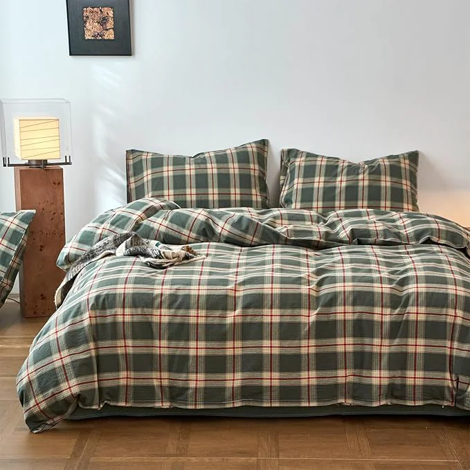 Artisan EAVD Vintage Style Green Plaid Duvet Cover King Soft Washed Cotton Red Green Grid Checkered Bedding Set with 2 Pillowcases Retro Farmhouse Geometric Grid Duvet Cover with Zipper Closure Premium Material