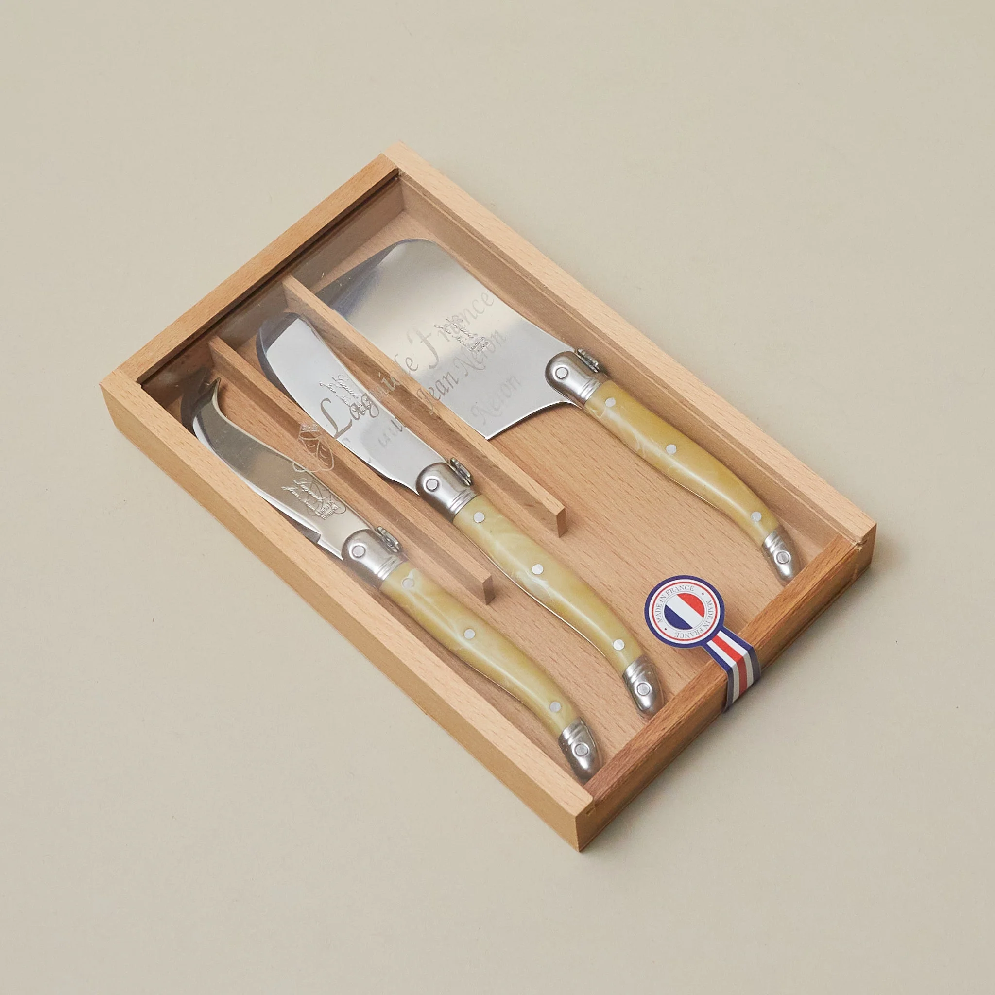 Advanced Laguiole 3 Piece Mini Cheese Utensil Set Pale Horn in Wood Box with Acrylic Lid Classic