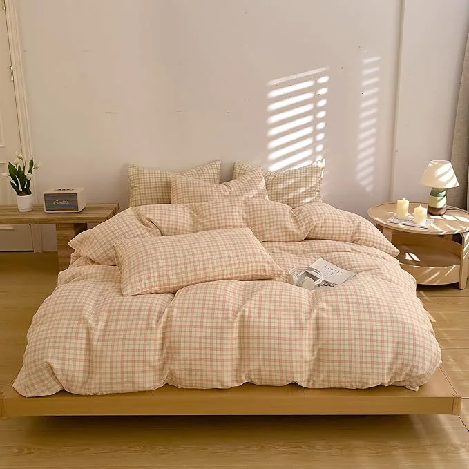 Organic EAVD Vintage Pink amp Green Gingham Plaid Duvet Cover Twin Soft Muslin Cotton Retro Grid Checkered Bedding Set with 2 Pillowcases Farmhouse Plaid Grid Duvet Cover with Zipper Closure High-Performance