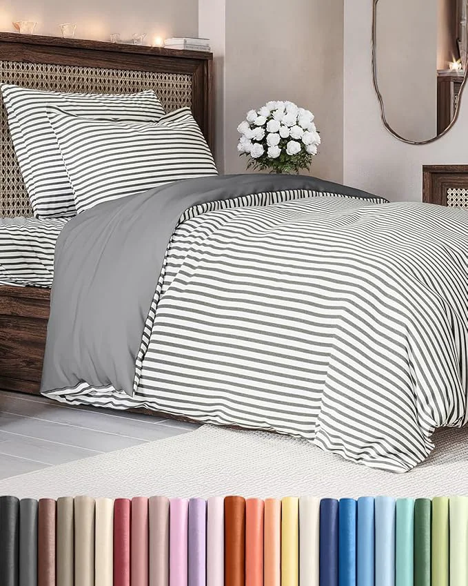 Prestigious Duvet Cover Twin Twin XL Size Set – Extra Soft Twin Twin XL Duvet Cover 68 quot x 90 quot with 1 Pillow Sham – Hotel Luxury Easy Care Fade w Zipper Closures amp Ties – Comfy amp Breathable Grey Stripes Easy-to-Use