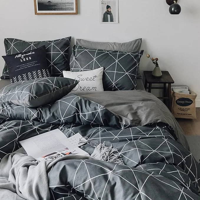 High-End mixinni Twin XL Size Comforter Set Soft Geometric Grey Geometric Checkered Plaid Printed Bedding Comforter for Men Boys 1 Soft Microfiber Reversible Comforter with 2 Pillowcases for All Seasons Selected