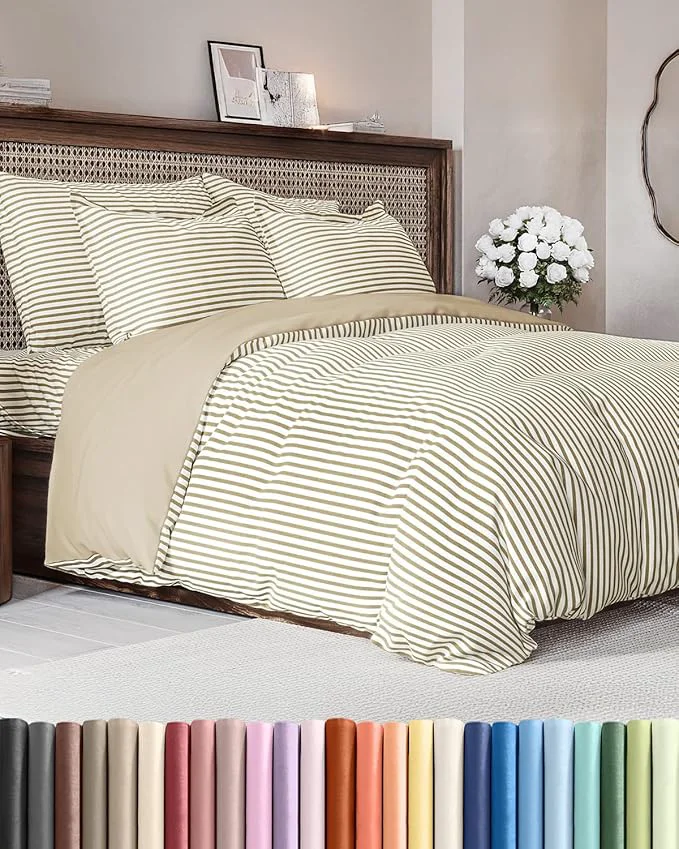Original Duvet Cover Queen Size Set – Extra Soft Queen Size Duvet Cover 90 x 90 with 2 Pillow Shams – Hotel Luxury Easy Care amp Fade w Zipper Closures amp Ties – Comfy Breathable Bedding Set Beige Stripes High-Quality