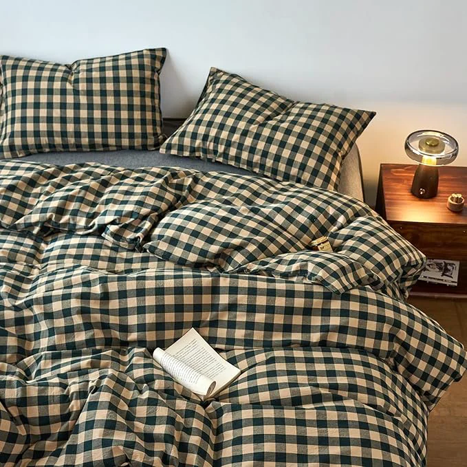 Easy-to-Use EAVD Vintage Style Beige amp Green Plaid Duvet Cover Set Queen Washed Cotton Like Linen Feel Soft Grid Checkered Bedding Set with 2 Pillowcases Farmhouse Geometric Pattern Duvet Cover with Zipper Official
