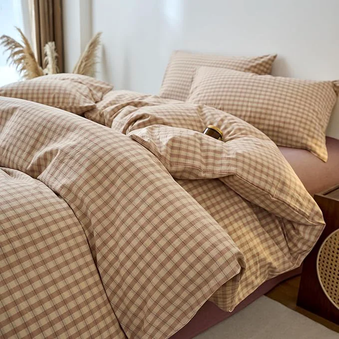 Minimalist EAVD Vintage Style Pink amp Tan Plaid Duvet Cover Full Soft Washed Cotton Chic Checkered Gingham Bedding Set with 2 Pillowcases Farmhouse Gingham Duvet Cover with Zipper Closure Professional