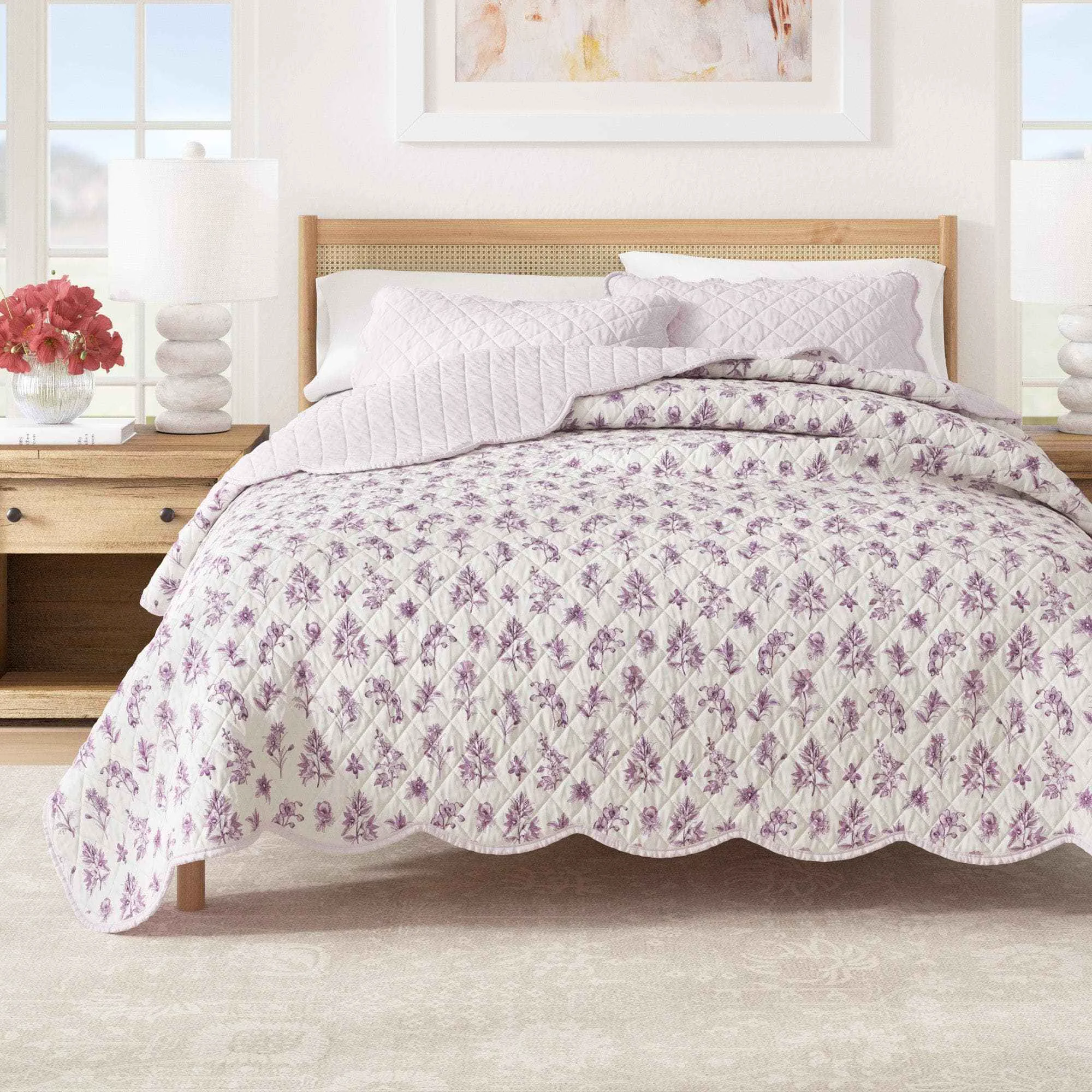 Fashionable Floral Print amp Scallopeded Edge Cotton Quilt Set – Sandie Collection Solid