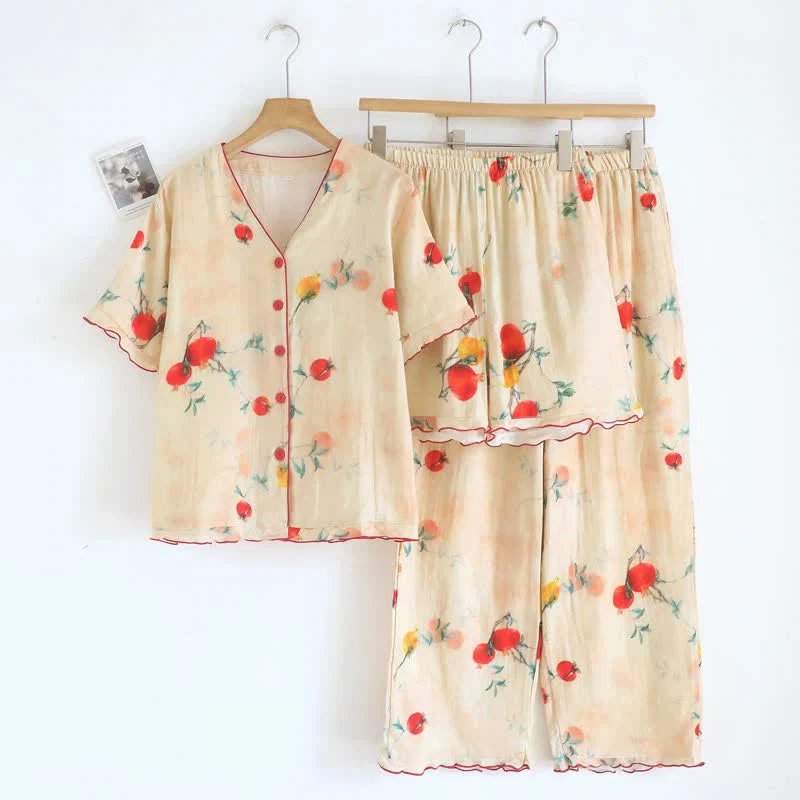 Top-Quality Ownkoti Pomegranate Print Cotton V-Neck Pajama Set 3PCS Artisan