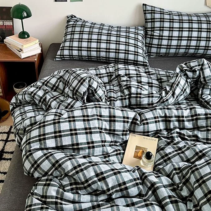 Reusable EAVD Vintage Light Blue Grey Buffalo Plaid Duvet Cover Twin Soft Washed Cotton Gingham Bedding Set with Grid Checkered Pattern Farmhouse Geometric Duvet Cover with 2 Pillowcases for Boys Men Women Advanced