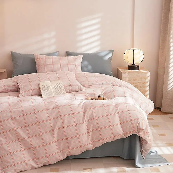 Official EAVD Pink Grey Grid Plaid Duvet Cover Queen Washed Cotton Bedding Set 3 Pieces Modern Farmhouse Gingham Duvet Cover with 2 Pillowcases Reversible Grid Checkered Bedding Set with Zipper Closure Selected