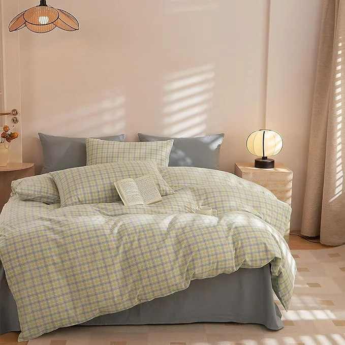 Excellent EAVD Modern Gingham Duvet Cover Queen Soft Washed Cotton Yellow Blue Grid Plaid Bedding Set with 2 Pillowcases Farmhouse Reversible Plaid Checkered Duvet Cover with Zipper Closure Premium