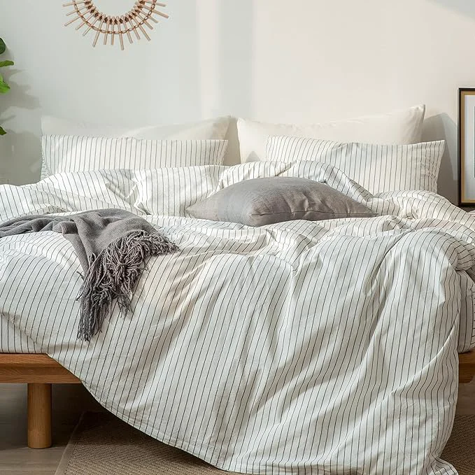 Green MooMee Striped Duvet Cover Set Washed Cotton Linen Like Textured Breathable Durable Soft Comfy White Dark Grey Wide Stripes Oversized King Plus 128 quot x120 quot Traditional