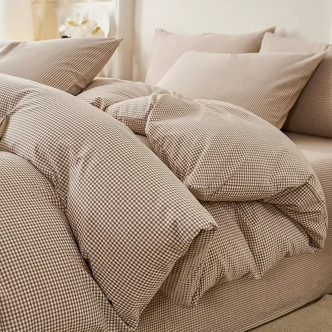 Premium Material EAVD Tan Plaid Gingham Duvet Cover Queen Soft Washed Cotton Reversible Tan and White Plaid Duvet Cover with 2 Pillowcases Farmhouse Ginggham Bedding Set with Zipper Closure