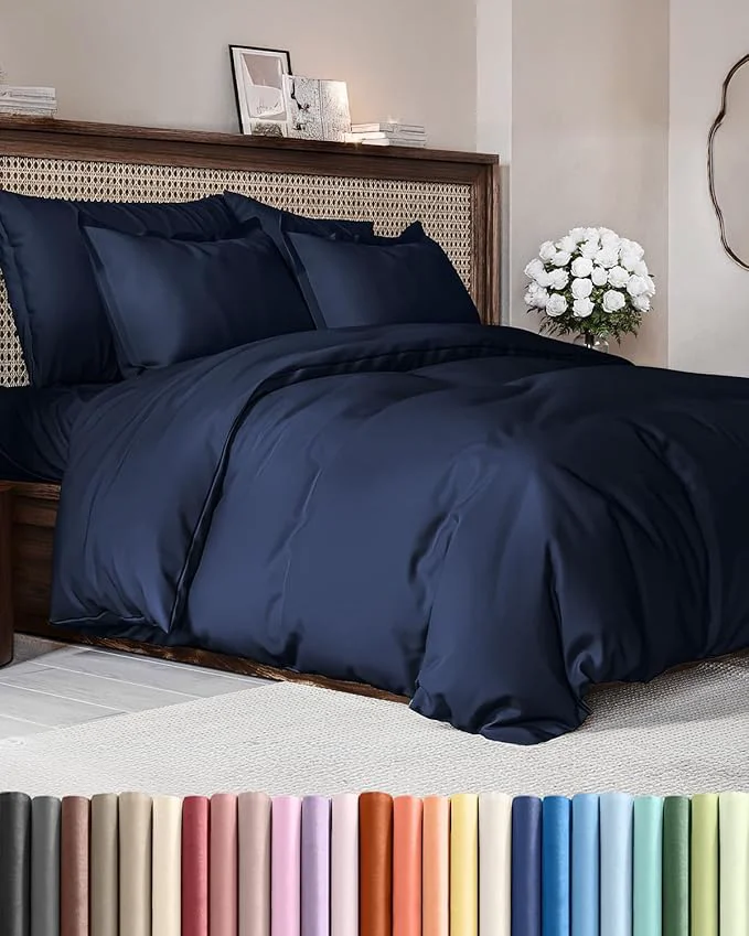 Relaxed Duvet Cover Oversized King Size Set – Extra Soft Oversized King Duvet Cover with 2 Pillow Shams – Hotel Luxury Easy Care amp Fade w Zipper Closures amp Ties – Comfy Cozy amp Breathable Navy Blue Enhanced