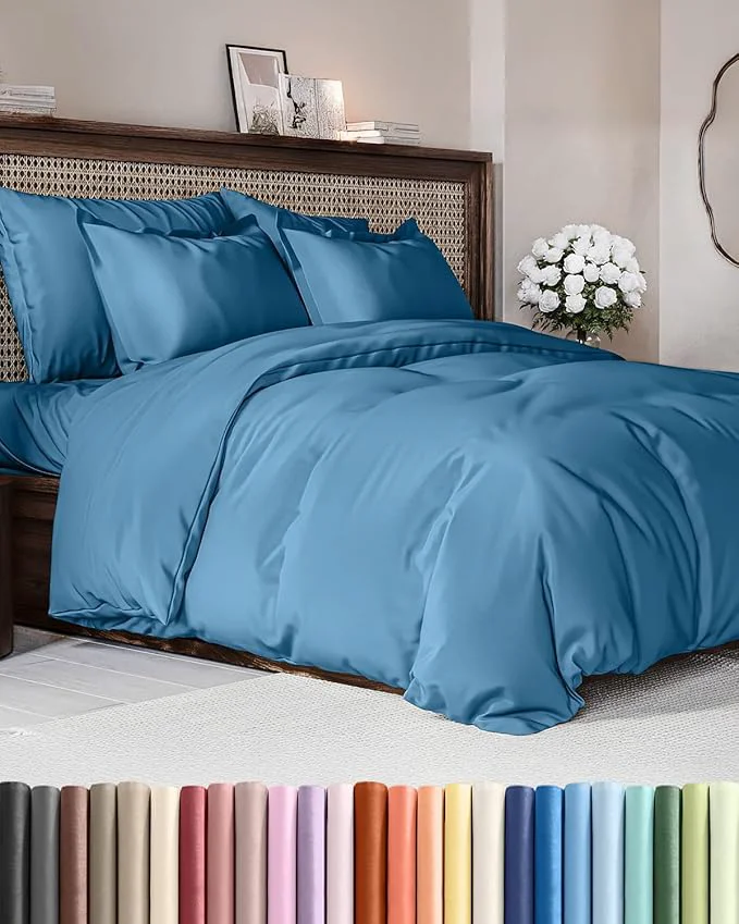 Recyclable Duvet Cover Queen Size Set – Extra Soft Queen Duvet Cover 90 quot x 90 quot with 2 Pillow Shams – Hotel Luxury Easy Care amp Fade w Zipper Closures amp Ties – All Season Comfy amp Breathable Denim Blue Original Design