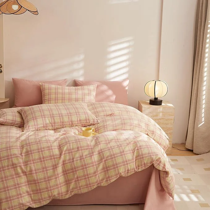 Convenient EAVD Yellow and Pink Plaid Duvet Cover Full Soft Washed Cotton Gingham Duvet Cover Set 3 Pieces Modern Grid Checkered Bedding Set with 2 Pillowcases Zipper Closure for All-Season Original Design